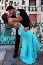 Chiffon V-Neck Mermaid Court Train Long Prom Dress With Beading